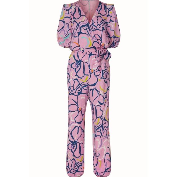 Tanya Taylor Luxury Designer 4 Pink Floral Jumpsuit VNeck Puff Sleeves Tie Waist